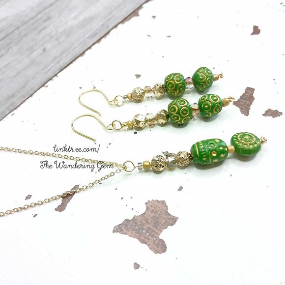 Boho Chic Necklace & Earring Set, Green & Gold, 2 Piece Jewelry Set - Picture 5 of 8